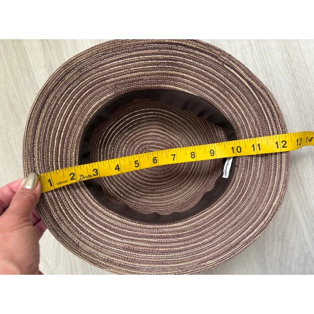 Croft & Barrow Hat Womens Brown Striped Woven Straw Sun Hat Wood Beads Cloche